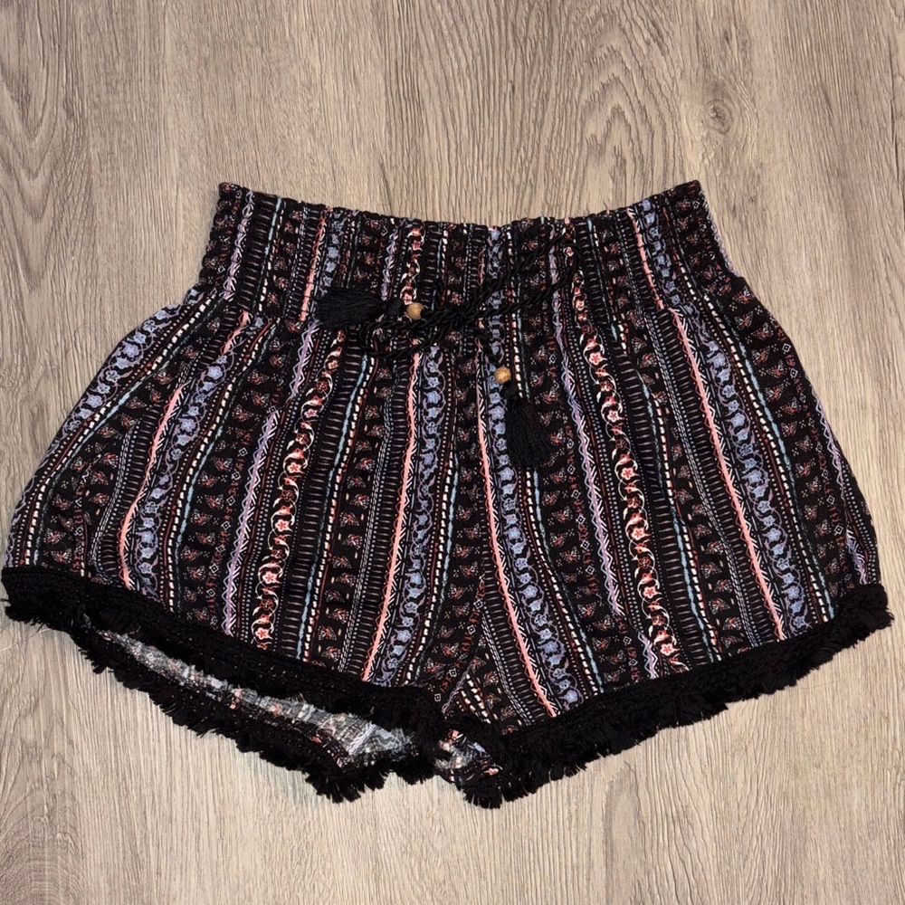 No Boundaries Black Boho Stripe High Waist Shorts with Tassel Drawstring